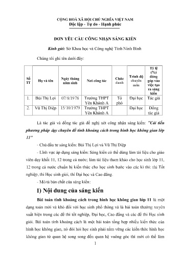 Sáng kiến kinh nghiệm Cải tiến phương pháp dạy Chuyên đề tính khoảng cách trong hình học không gian lớp 11