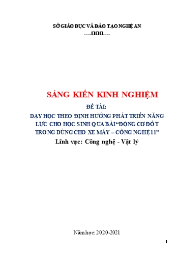 Sáng kiến kinh nghiệm Dạy học theo định hướng phát triển năng lực cho học sinh qua bài Động cơ đốt trong dùng cho xe máy - Công nghệ lớp 11