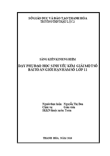 Sáng kiến kinh nghiệm Dạy phụ đạo học sinh yếu kém giải một số bài toán giới hạn hàm số lớp 11