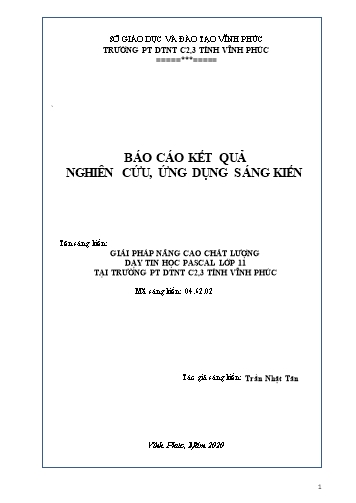 Sáng kiến kinh nghiệm Giải pháp nâng cao chất lượng dạy tin học Pascal lớp 11 tại Trường Phổ thông DTNT C2, 3 tỉnh Vĩnh Phúc