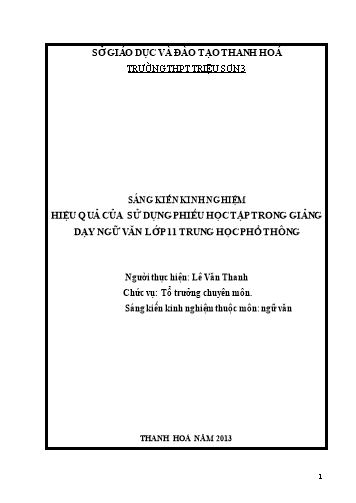 Sáng kiến kinh nghiệm Hiệu quả của sử dụng phiếu học tập trong giảng dạy Ngữ văn lớp 11 trung học phổ thông