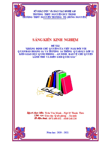 Sáng kiến kinh nghiệm Khẳng định chủ quyền của Việt Nam đối với quần đảo Hoàng Sa và Trường Sa thông qua bài 3 lớp 11 môn Giáo dục quốc phòng – An ninh Bảo vệ chủ quyền lãnh thổ và biên giới quốc gia