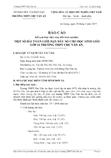 Sáng kiến kinh nghiệm Một số bài toán giới hạn dãy số cho học sinh giỏi lớp 11 trường THPT Chu Văn An