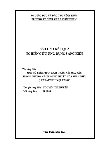 Sáng kiến kinh nghiệm Một số biện pháp khai thác nét đặc sắc trong phong cách nghệ thuật của Xuân Diệu qua bài thơ “Vội vàng”