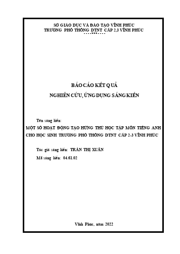 Sáng kiến kinh nghiệm Một số hoạt động tạo hứng thú học tập môn Tiếng Anh cho học sinh Trường Phổ thông DTNT cấp 2, 3 Vĩnh Phúc