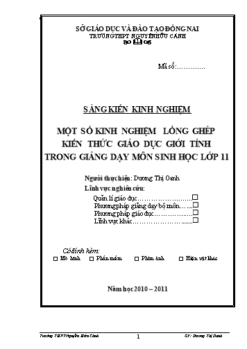 Sáng kiến kinh nghiệm Một số kinh nghiệm lồng ghép kiến thức giáo dục giới tính trong giảng dạy môn Sinh học lớp 11