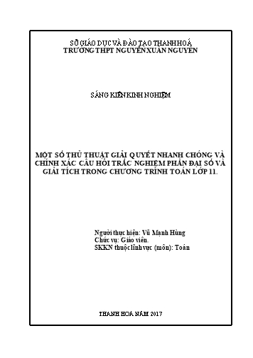 Sáng kiến kinh nghiệm Một số thủ thuật giải quyết nhanh chóng và chính xác câu hỏi trắc nghiệm phần đại số và giải tích trong chương trình Toán lớp 11