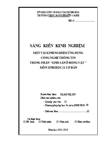 Sáng kiến kinh nghiệm Một vài kinh nghiệm ứng dụng công nghệ thông tin trong phần “Sinh sản ở động vật” môn Sinh học 11 cơ bản