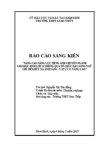 Sáng kiến kinh nghiệm Nâng cao năng lực tiếng Anh chuyên ngành cho học sinh lớp 11 thông qua tổ chức dạy song ngữ chủ đề Khúc xạ ánh sáng – Vật lí 11 nâng cao