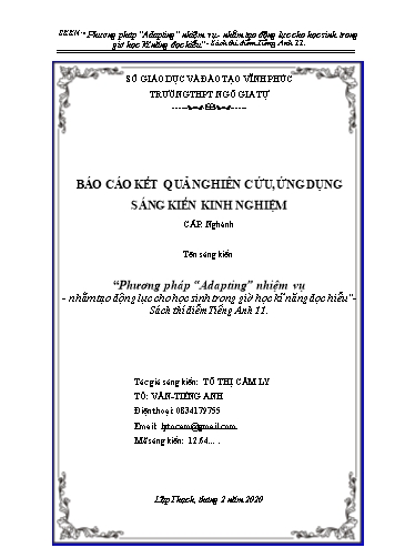 Sáng kiến kinh nghiệm Phương pháp “Adapting” nhiệm vụ - Nhằm tạo động lực cho học sinh trong giờ học kĩ năng đọc hiểu” - Sách thí điểm Tiếng Anh 11