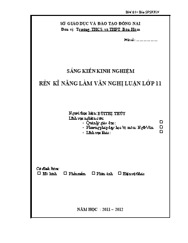 Sáng kiến kinh nghiệm Rèn kĩ năng làm văn nghị luận lớp 11