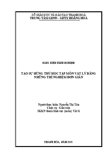 Sáng kiến kinh nghiệm Tạo sự hứng thú học tập môn vật lý bằng những thí nghiệm đơn giản