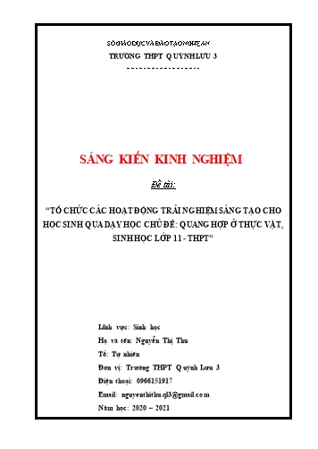 Sáng kiến kinh nghiệm Tổ chức các hoạt động trải nghiệm sáng tạo trong dạy học chủ đề Quang hợp ở thực vật, Sinh học 11 – THPT