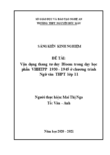 Sáng kiến kinh nghiệm Vận dụng thang tư duy Bloom trong dạy học phần VHHTPP 1930-1945 ở chương trình Ngữ văn THPT lớp 11