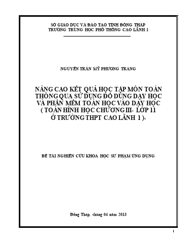 SKKN Nâng cao kết quả học tập môn toán thông qua sử dụng đồ dùng dạy học và phần mềm toán học vào dạy học (Toán hình học chương III - Lớp 11 ở trường THPT cao lãnh 1)